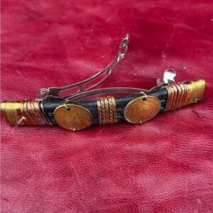 Decorative Coin Accent Leather Hair Barrette - Black and Gold